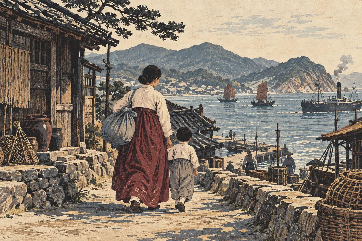 Original illustration of a Korean woman and child walking toward a harbor